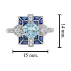 3.60 ctw Art Deco Style Blue Sapphire, Aquamarine & Diamond 14K White Gold Ring