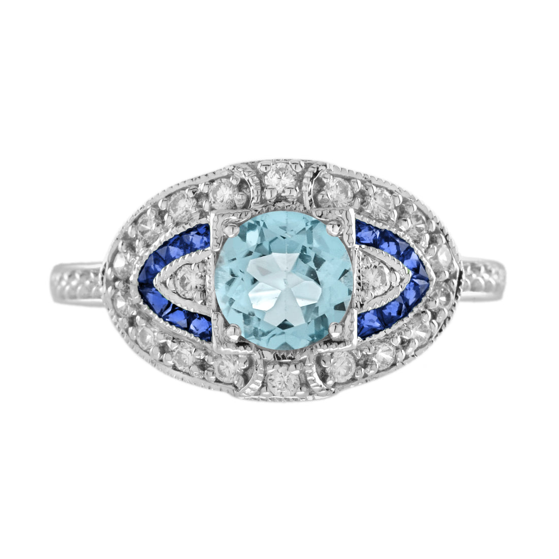 Round Aquamarine & Blue Sapphire and Diamond Engagement 14K White Gold Ring
