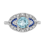 Round Aquamarine & Blue Sapphire and Diamond Engagement 14K White Gold Ring