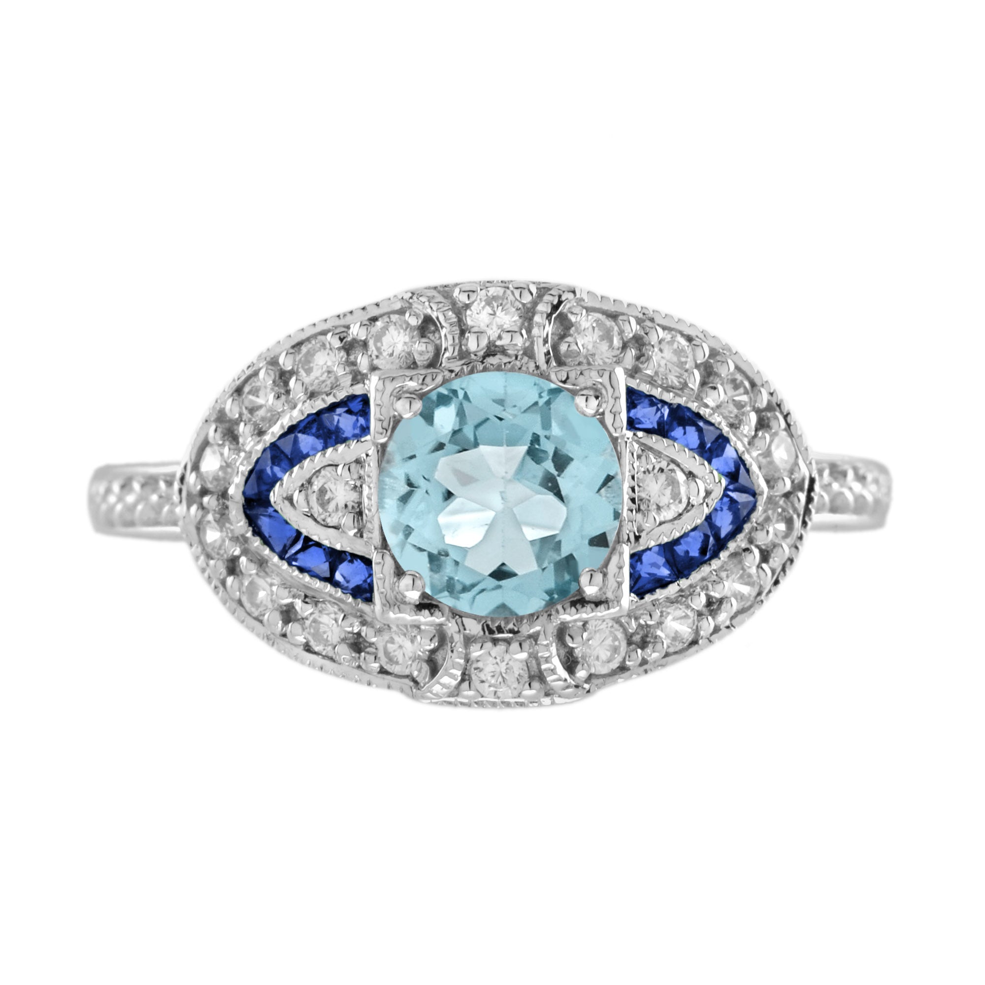 Round Aquamarine &amp; Blue Sapphire and Diamond Engagement 14K White Gold Ring