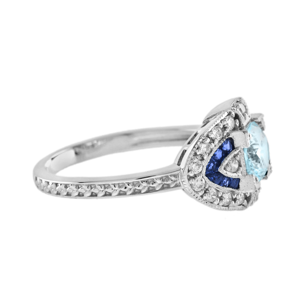 Round Aquamarine & Blue Sapphire and Diamond Engagement 14K White Gold Ring