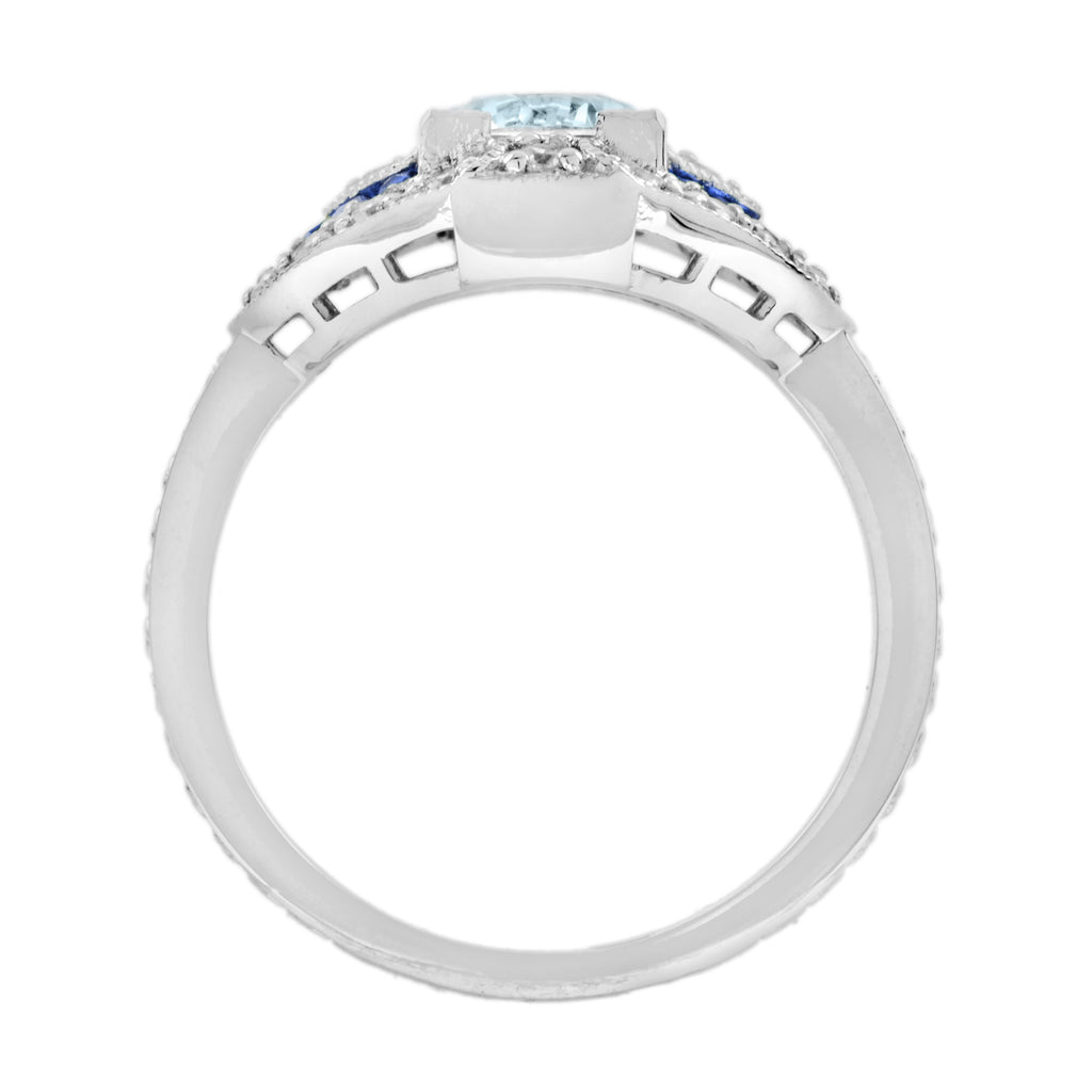 Round Aquamarine & Blue Sapphire and Diamond Engagement 14K White Gold Ring