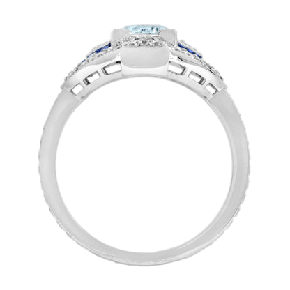 Round Aquamarine &amp; Blue Sapphire and Diamond Engagement 14K White Gold Ring