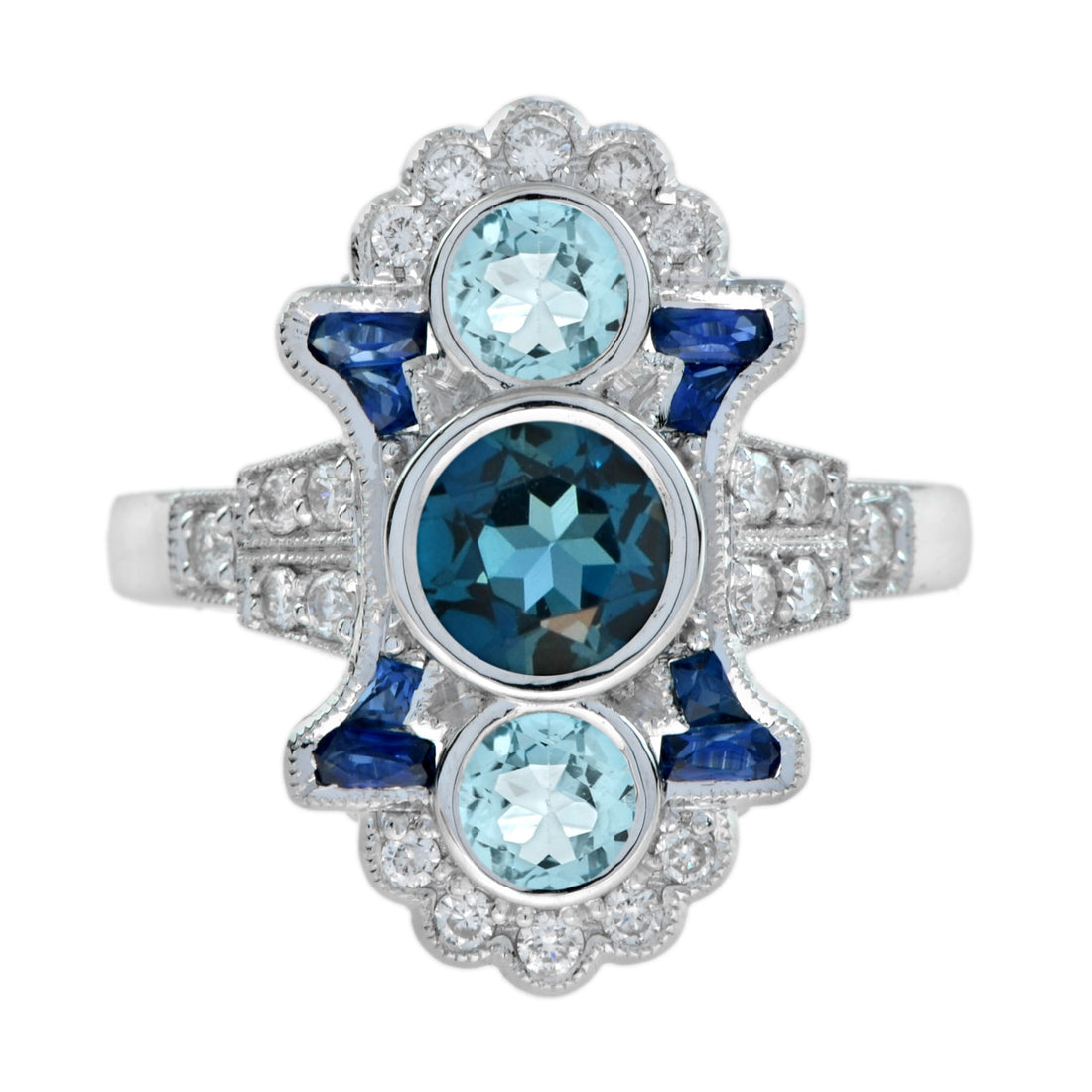 Round London Blue Topaz &amp; Aquamarine Sapphire and Diamond 14K White Gold Ring