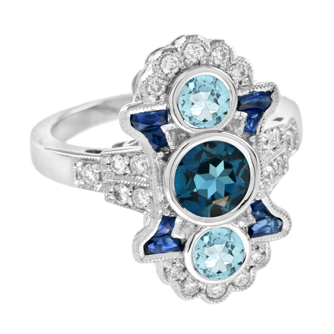 Round London Blue Topaz &amp; Aquamarine Sapphire and Diamond 14K White Gold Ring