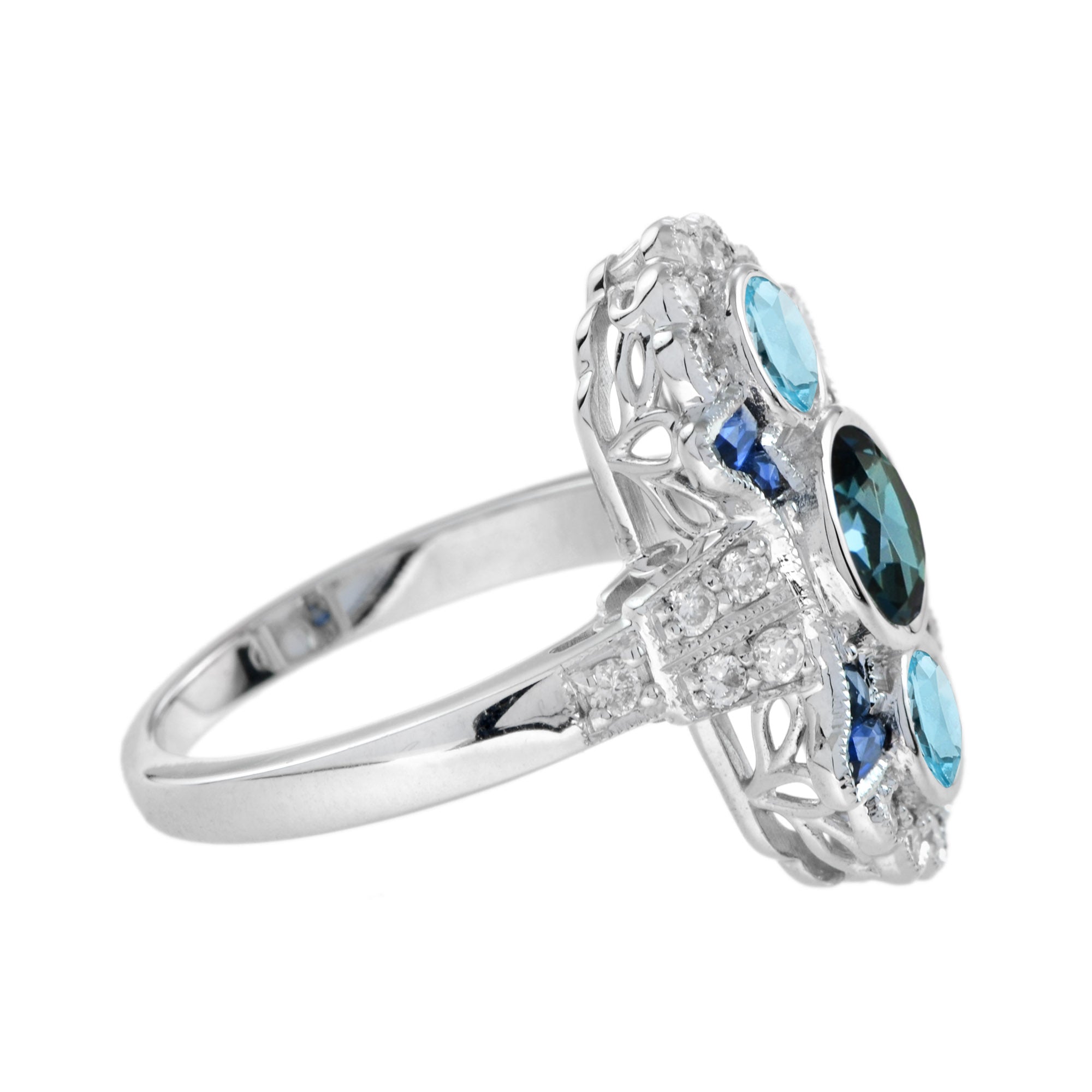Round London Blue Topaz &amp; Aquamarine Sapphire and Diamond 14K White Gold Ring