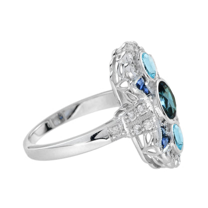 Round London Blue Topaz &amp; Aquamarine Sapphire and Diamond 14K White Gold Ring