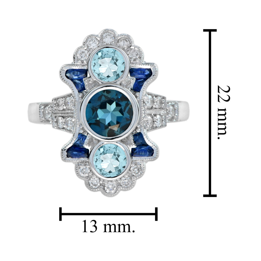 Round London Blue Topaz & Aquamarine Sapphire and Diamond 14K White Gold Ring