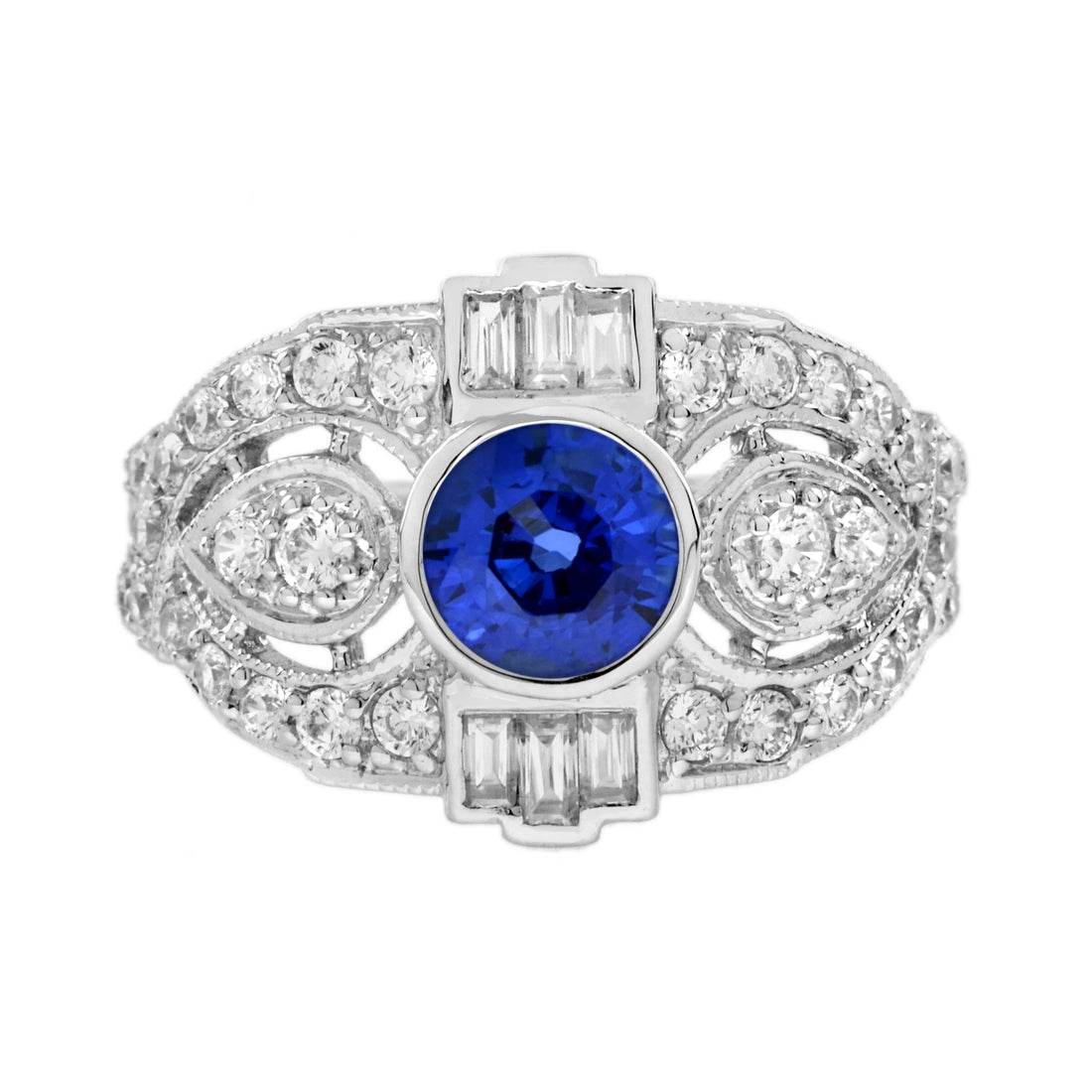 Round Blue Sapphire & Diamond Art Deco Style Engagement 18K White Gold Ring