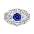 Round Blue Sapphire & Diamond Art Deco Style Engagement 18K White Gold Ring