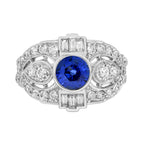 Round Blue Sapphire & Diamond Art Deco Style Engagement 18K White Gold Ring