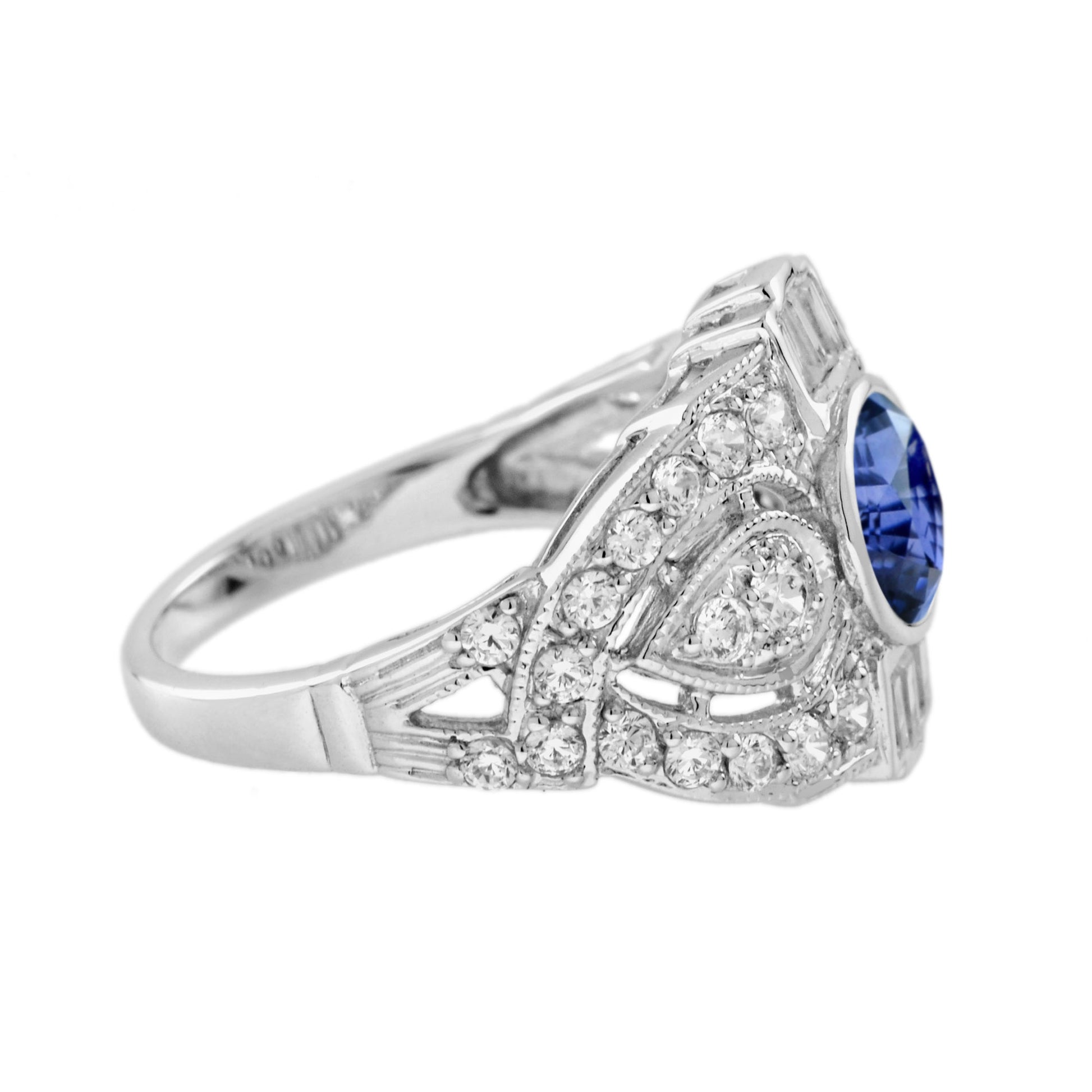 Round Blue Sapphire & Diamond Art Deco Style Engagement 18K White Gold Ring