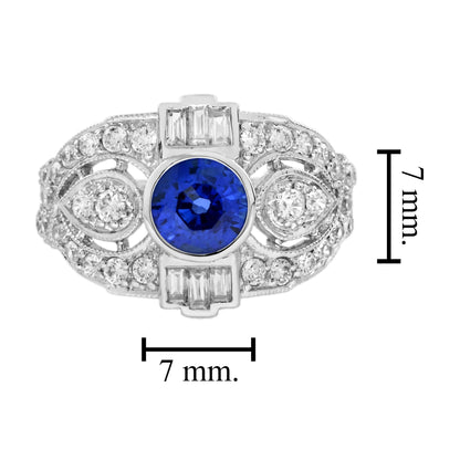 Round Blue Sapphire & Diamond Art Deco Style Engagement 18K White Gold Ring
