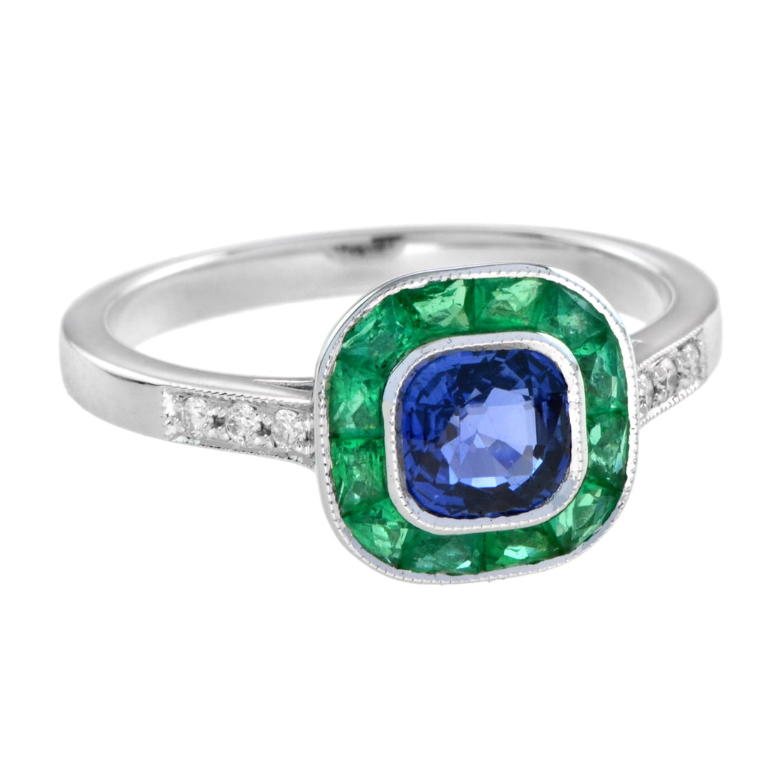 Cushion Sapphire &amp; Emerald Diamond Art Deco Style Halo 18K White Gold Ring