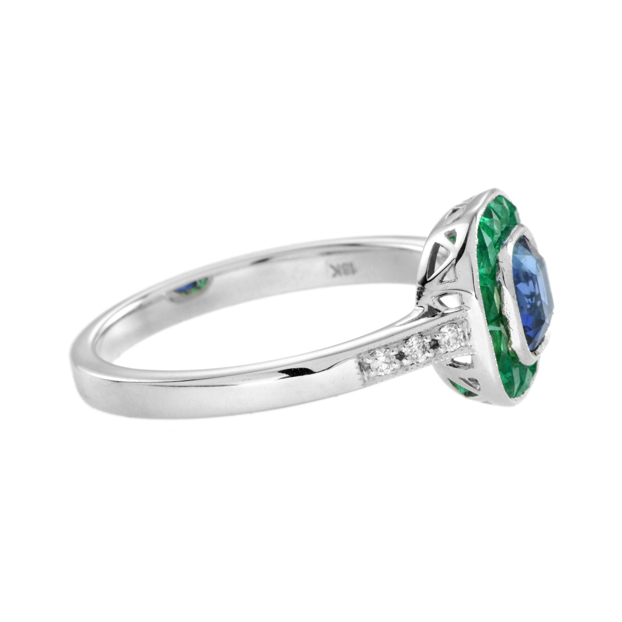 Cushion Sapphire &amp; Emerald Diamond Art Deco Style Halo 18K White Gold Ring
