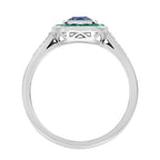 Cushion Sapphire & Emerald Diamond Art Deco Style Halo 18K White Gold Ring