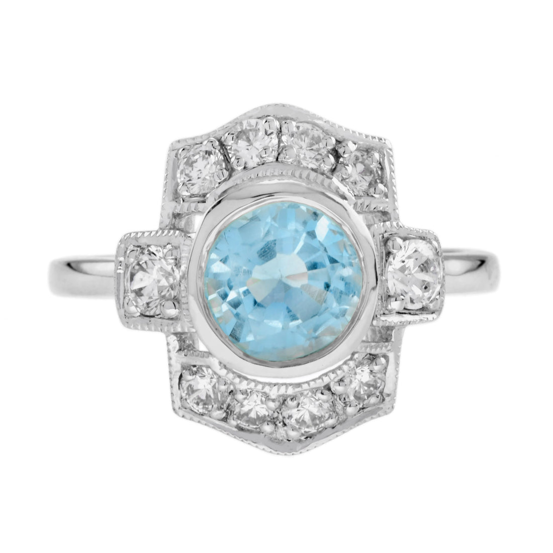 Round Blue Topaz & Diamond Art Deco Style Halo 14K White Gold Ring