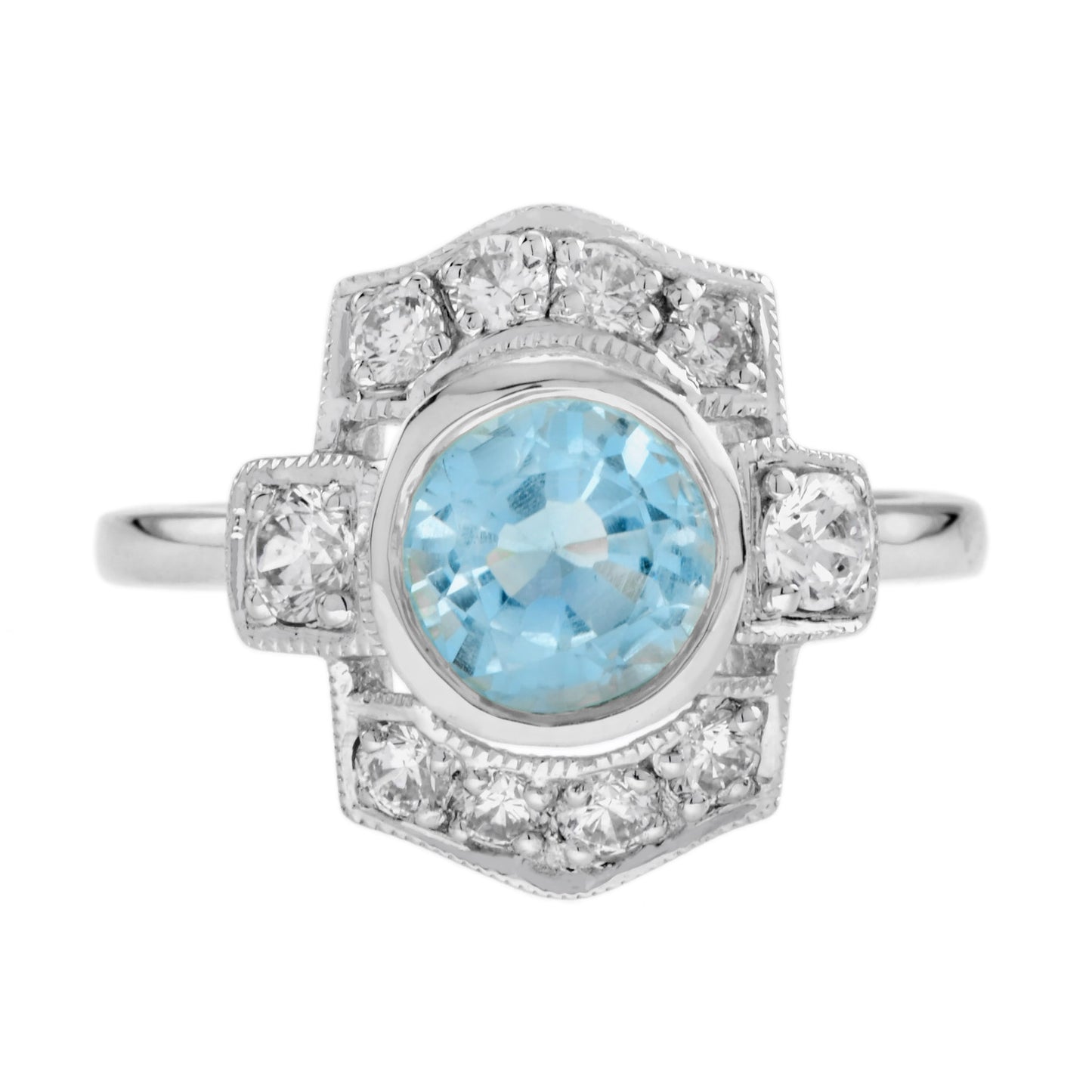 round blue topaz & diamond art deco style halo 14k white gold ring