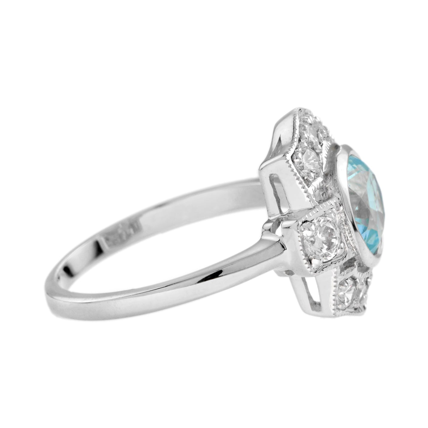 round blue topaz & diamond art deco style halo 14k white gold ring