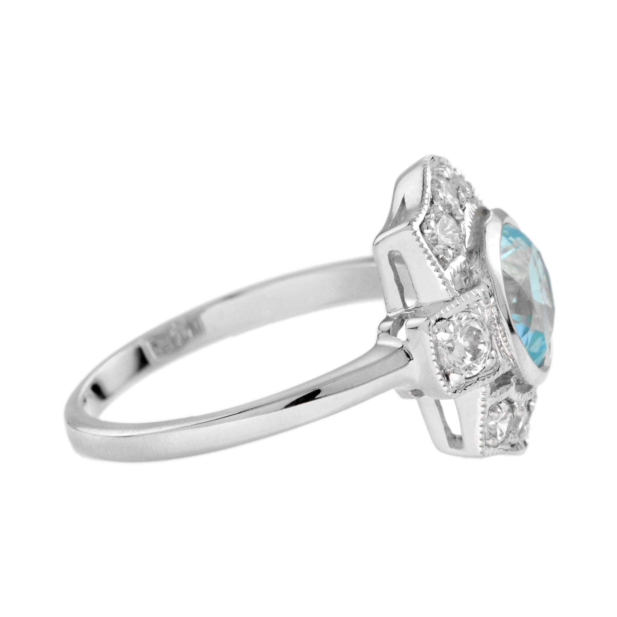 Round Blue Topaz &amp; Diamond Art Deco Style Halo 14K White Gold Ring