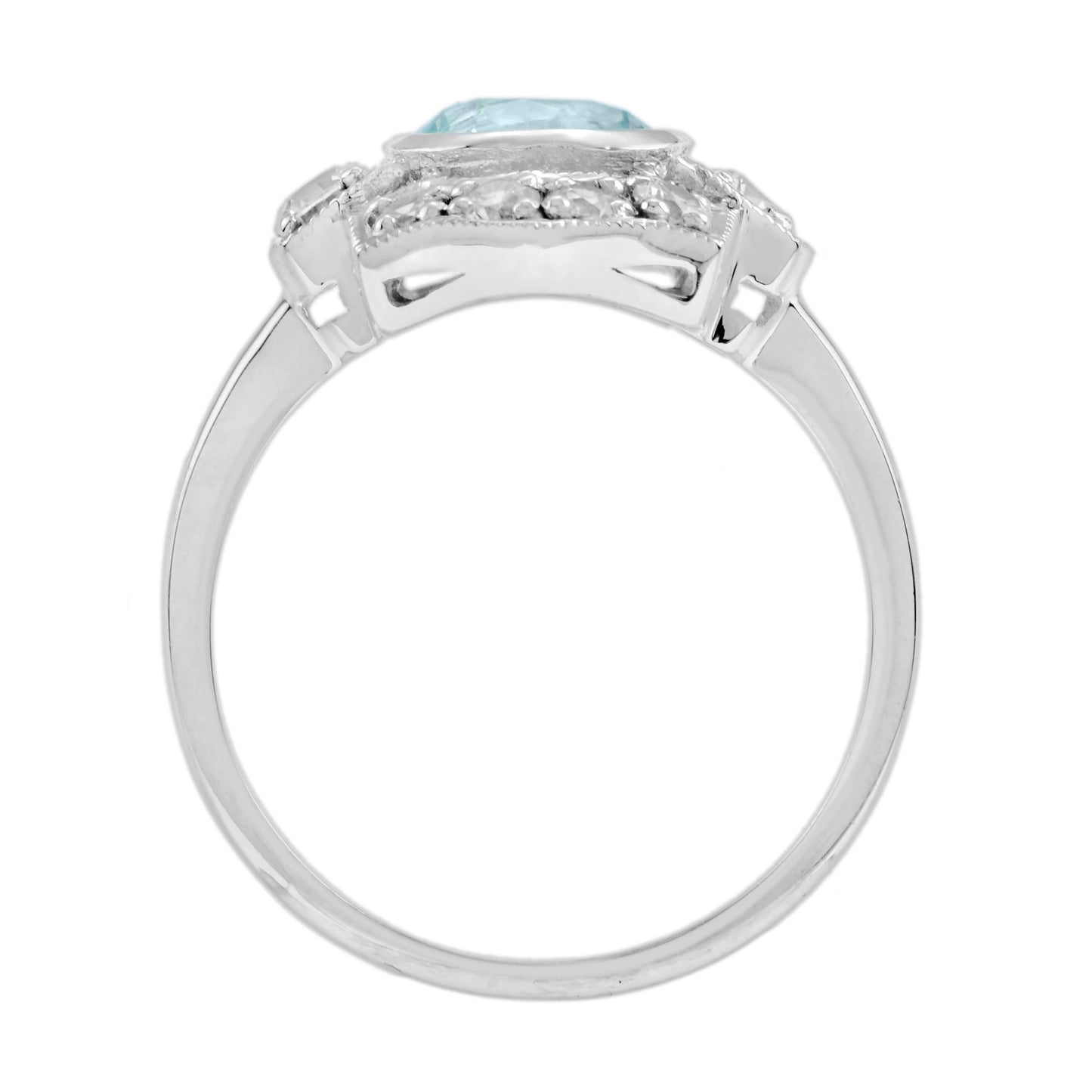 round blue topaz & diamond art deco style halo 14k white gold ring
