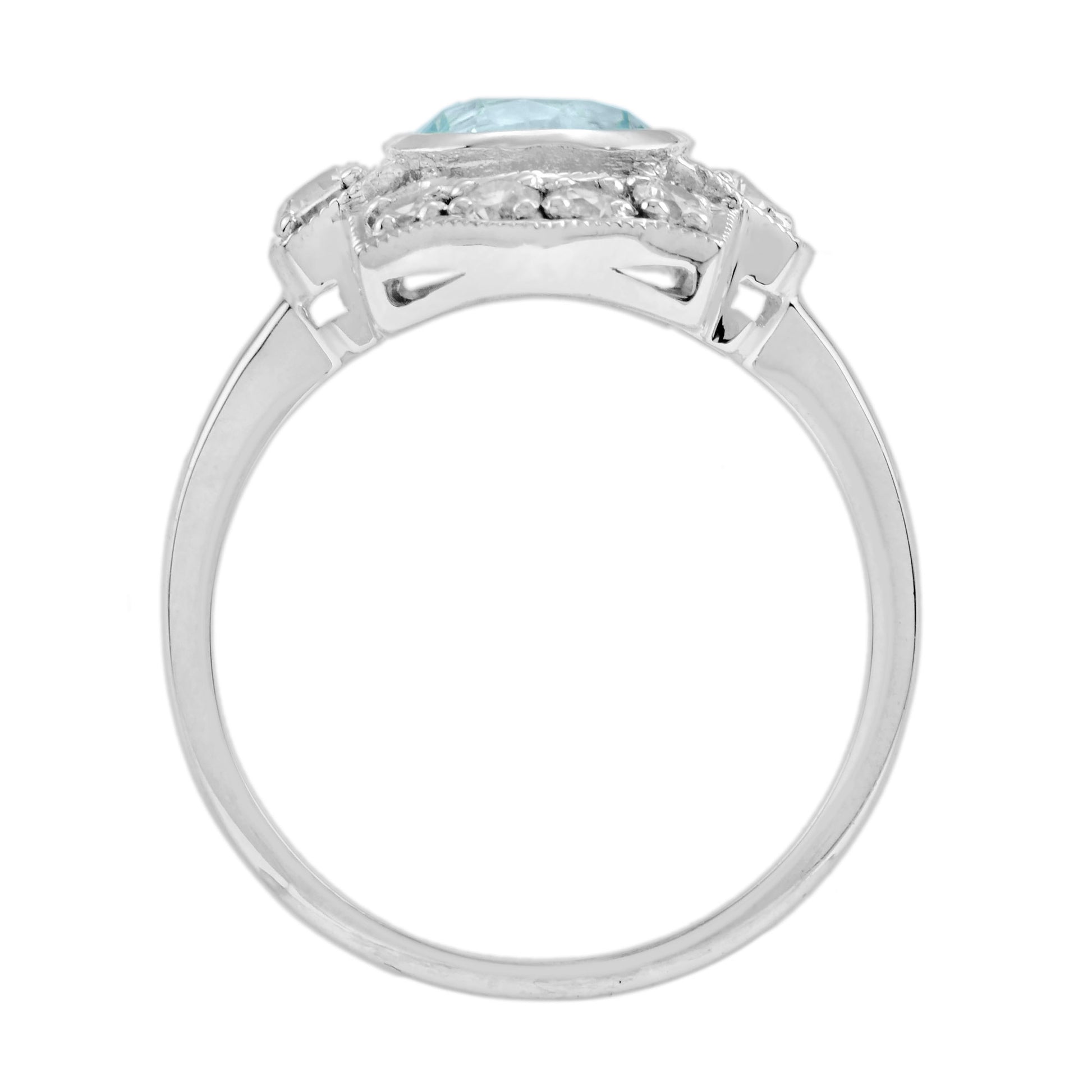 Round Blue Topaz & Diamond Art Deco Style Halo 14K White Gold Ring