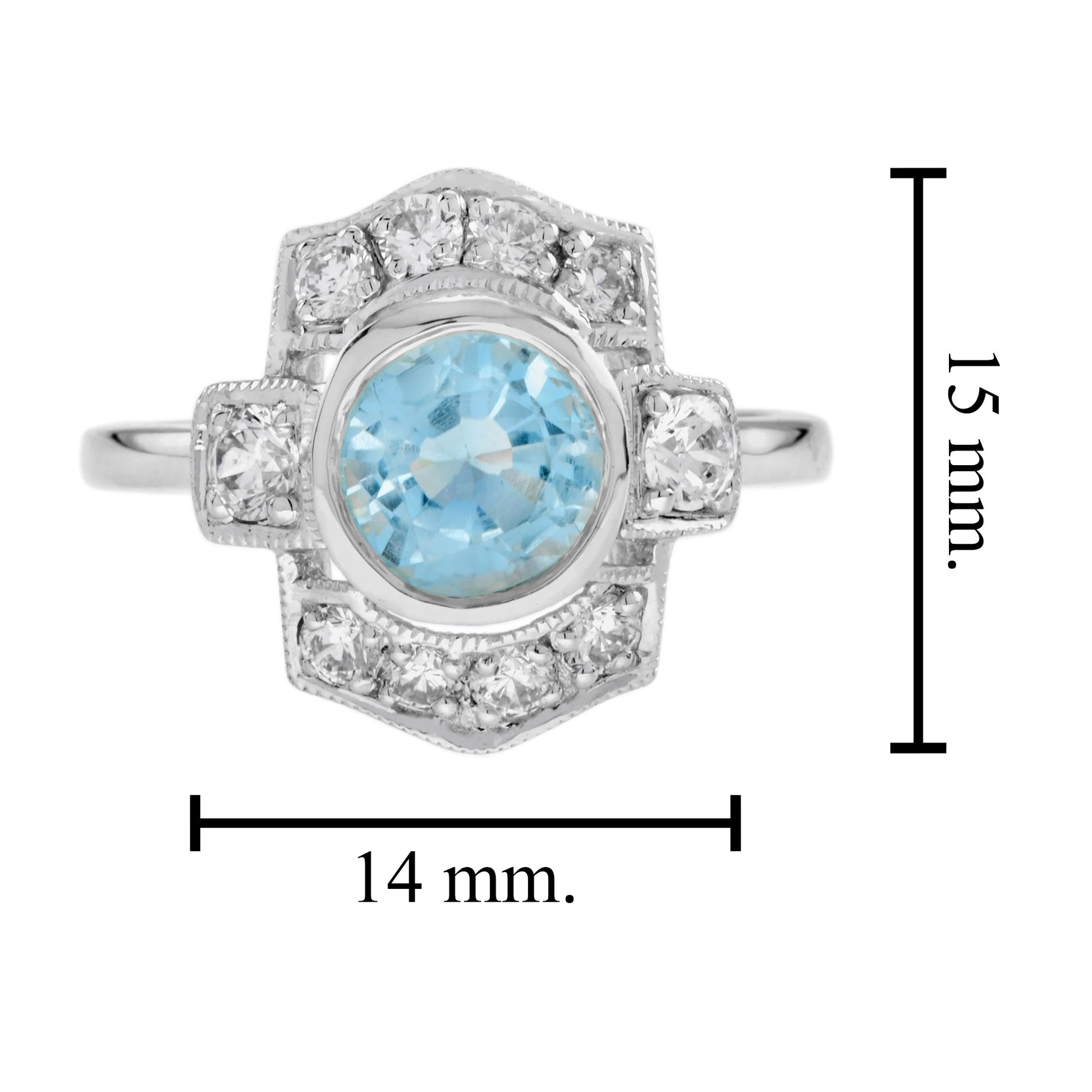 Round Blue Topaz & Diamond Art Deco Style Halo 14K White Gold Ring
