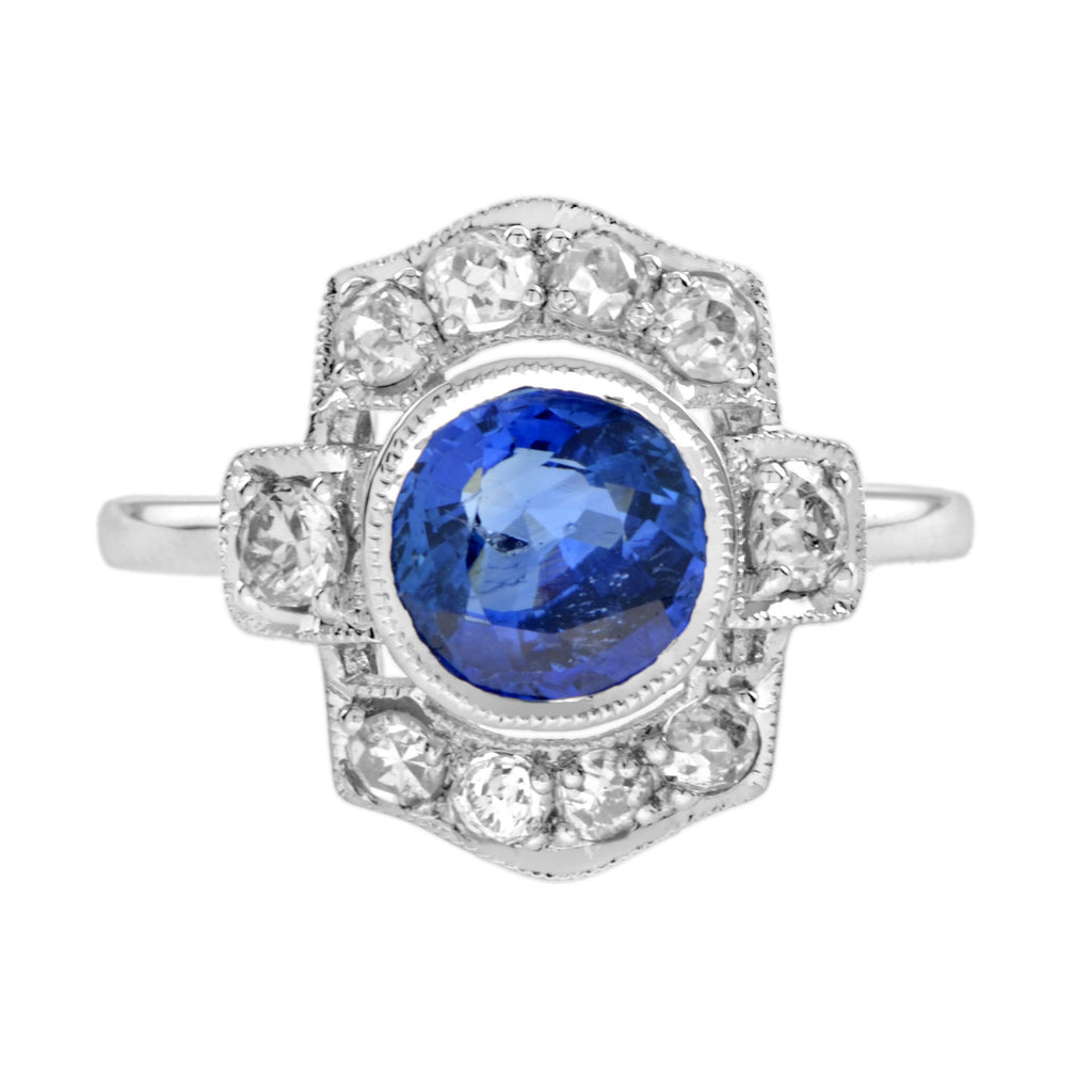 2.42 ctw Art Deco Style Ceylon Blue Sapphire & Diamond Halo Ring 18K White Gold