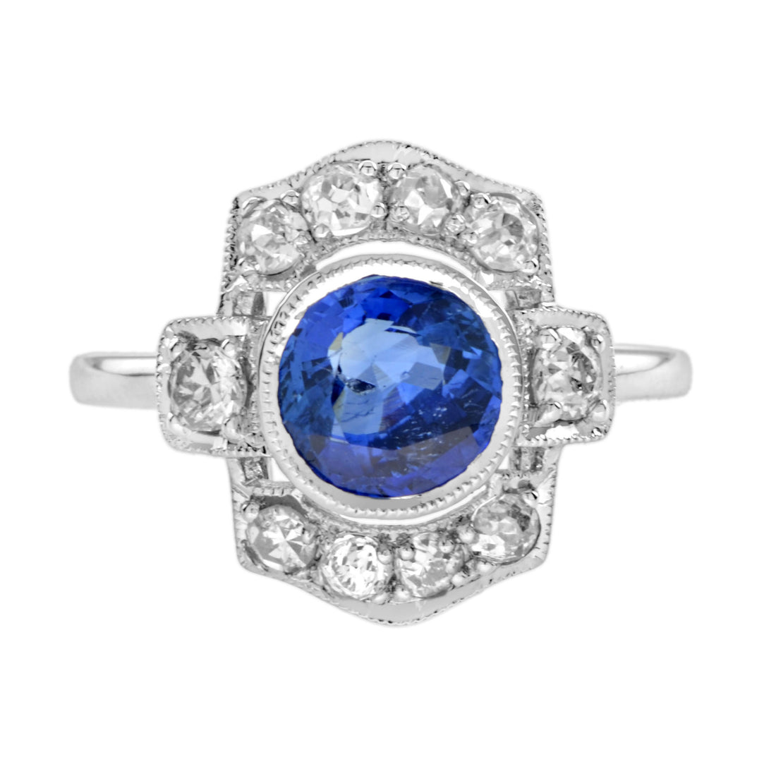 Round Blue Ceylon Sapphire &amp; Diamond Art Deco Inspired Halo 18K White Gold Ring