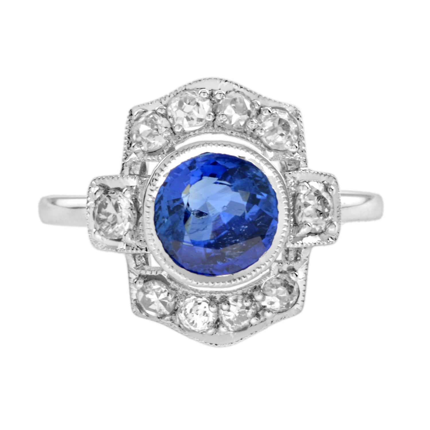 Round Blue Ceylon Sapphire &amp; Diamond Art Deco Inspired Halo 18K White Gold Ring