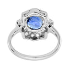Round Blue Ceylon Sapphire & Diamond Art Deco Inspired Halo 18K White Gold Ring