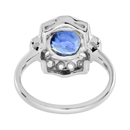Round Blue Ceylon Sapphire &amp; Diamond Art Deco Inspired Halo 18K White Gold Ring