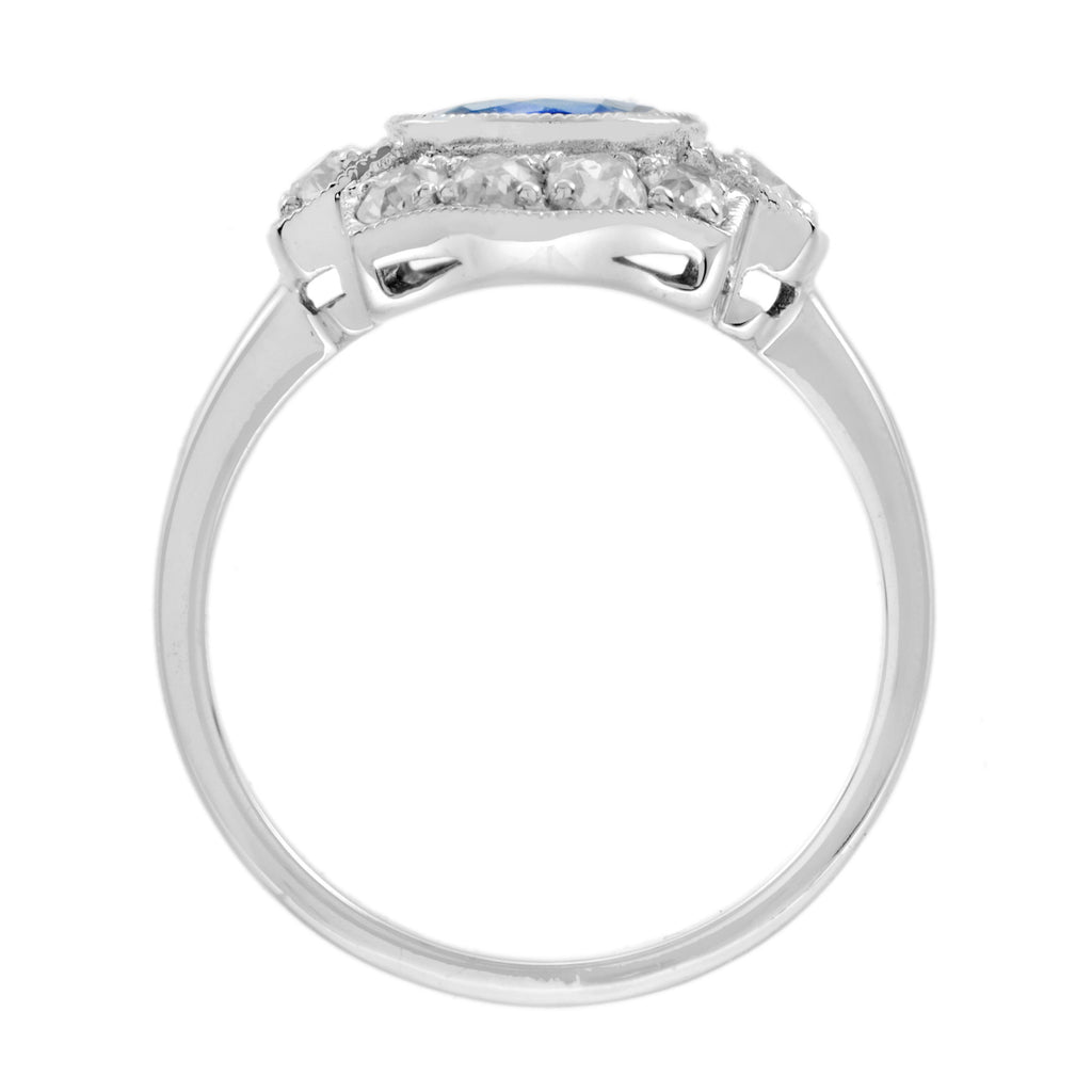 Round Blue Ceylon Sapphire & Diamond Art Deco Inspired Halo 18K White Gold Ring