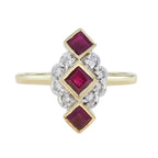 1.20 ctw Art Deco Style Red Ruby & Diamond Vertical Three Stone Ring 14K Yellow Gold