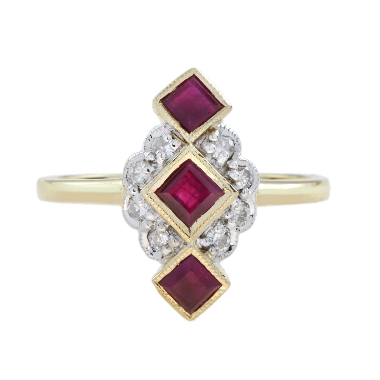 red ruby diamonds vintage style vertical three stone 14k yellow gold ring