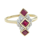 1.20 ctw Art Deco Style Red Ruby & Diamond Vertical Three Stone Ring 14K Yellow Gold