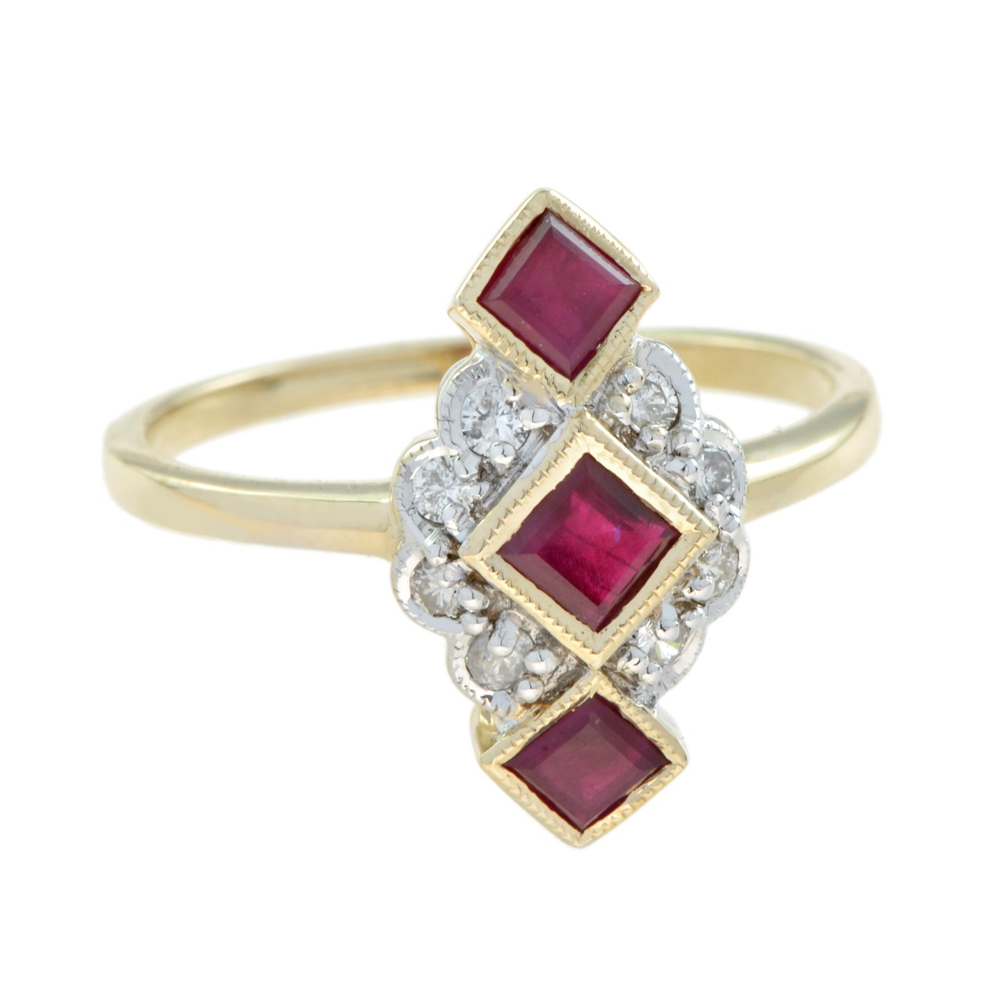red ruby diamonds vintage style vertical three stone 14k yellow gold ring