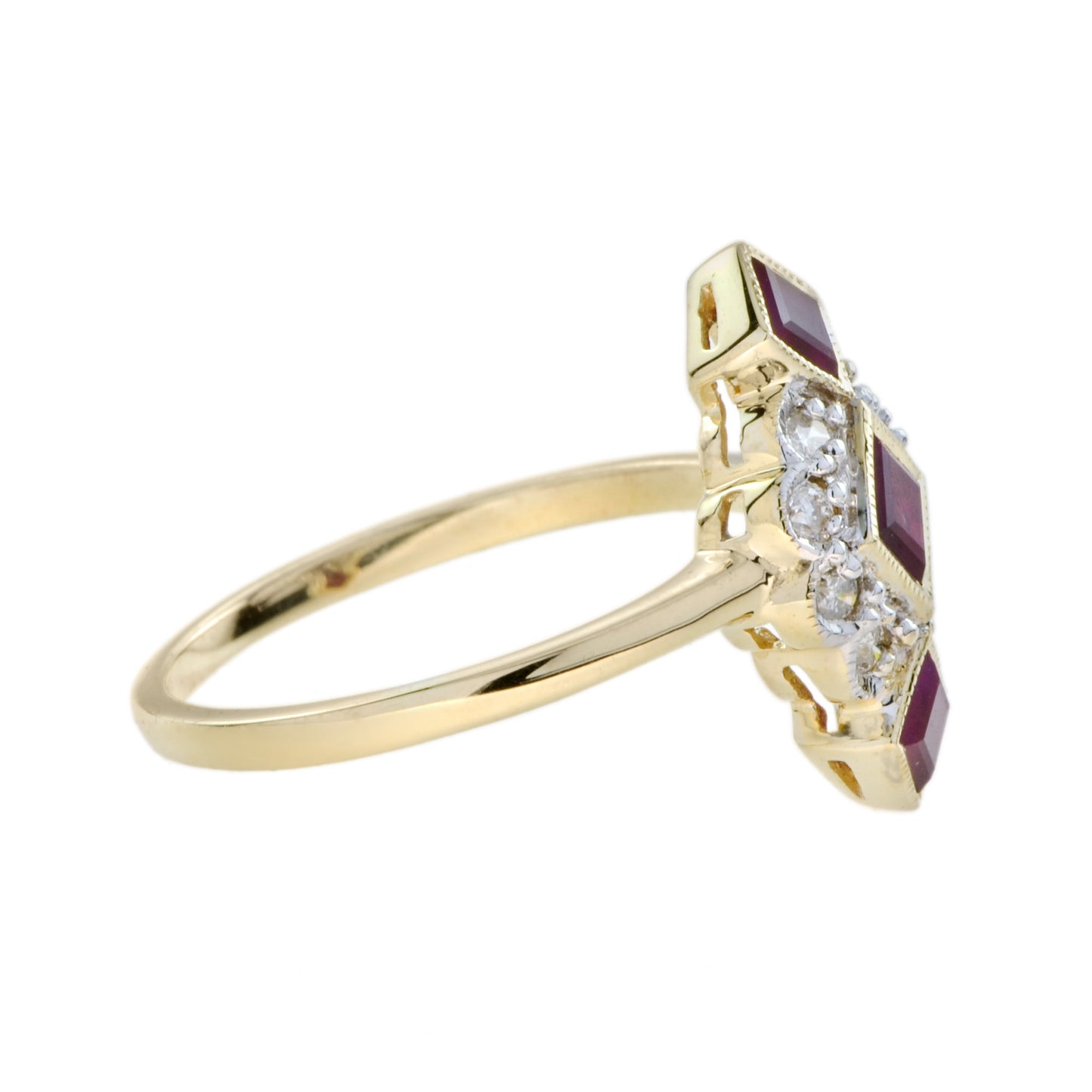 red ruby diamonds vintage style vertical three stone 14k yellow gold ring