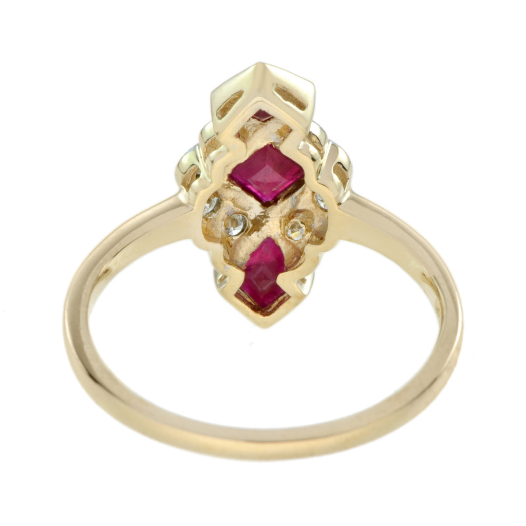 1.20 ctw Art Deco Style Red Ruby & Diamond Vertical Three Stone Ring 14K Yellow Gold