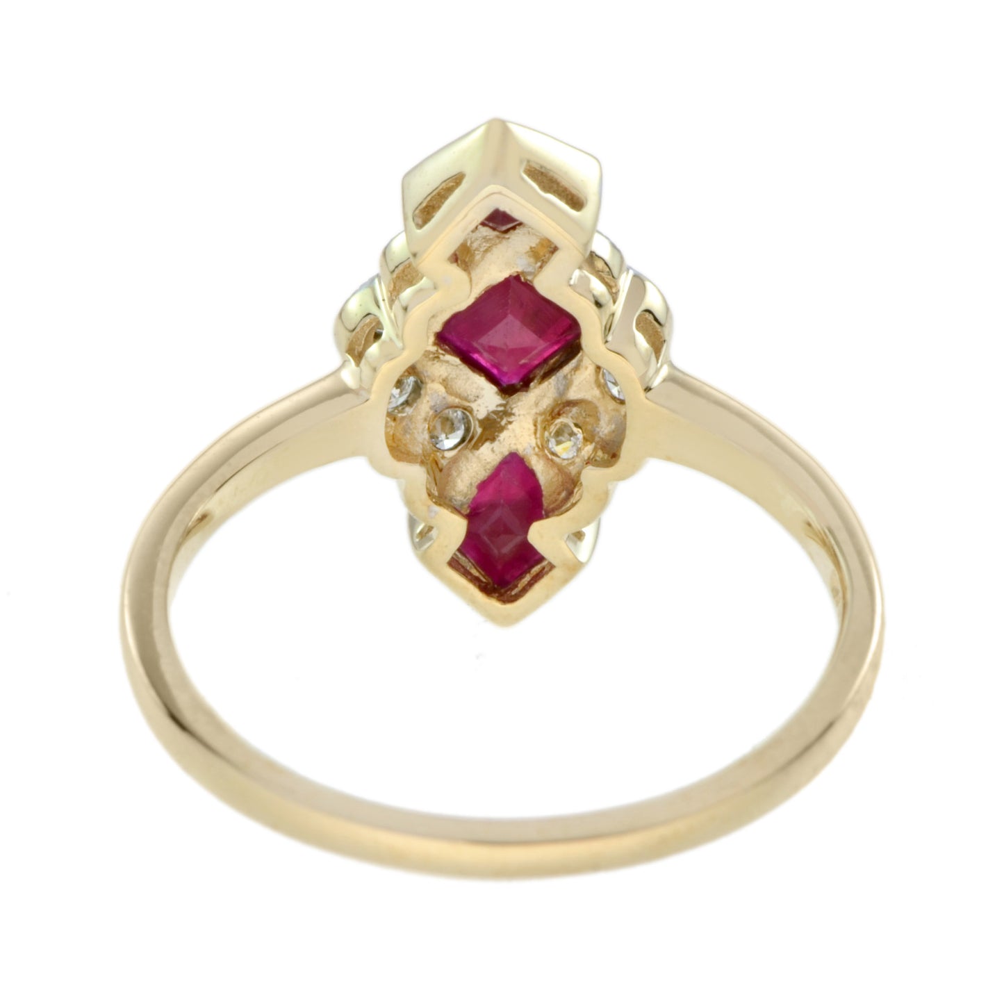 red ruby diamonds vintage style vertical three stone 14k yellow gold ring