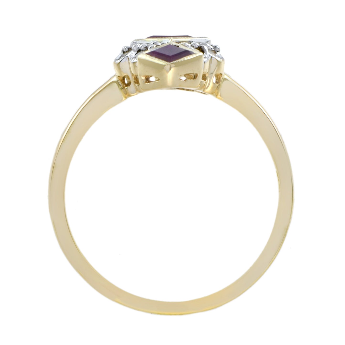 red ruby diamonds vintage style vertical three stone 14k yellow gold ring