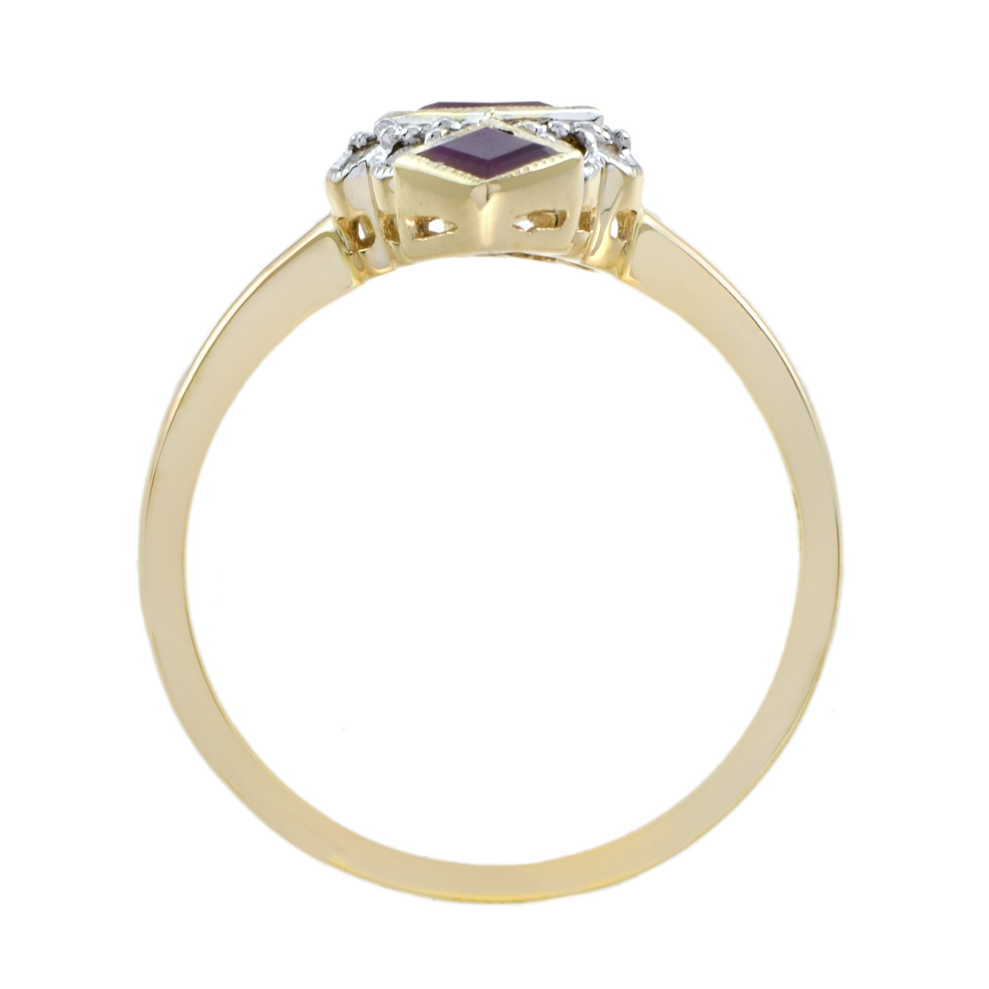 Red Ruby Diamonds Vintage Style Vertical Three Stone 14K Yellow Gold Ring
