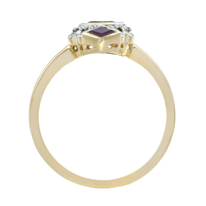 Red Ruby Diamonds Vintage Style Vertical Three Stone 14K Yellow Gold Ring