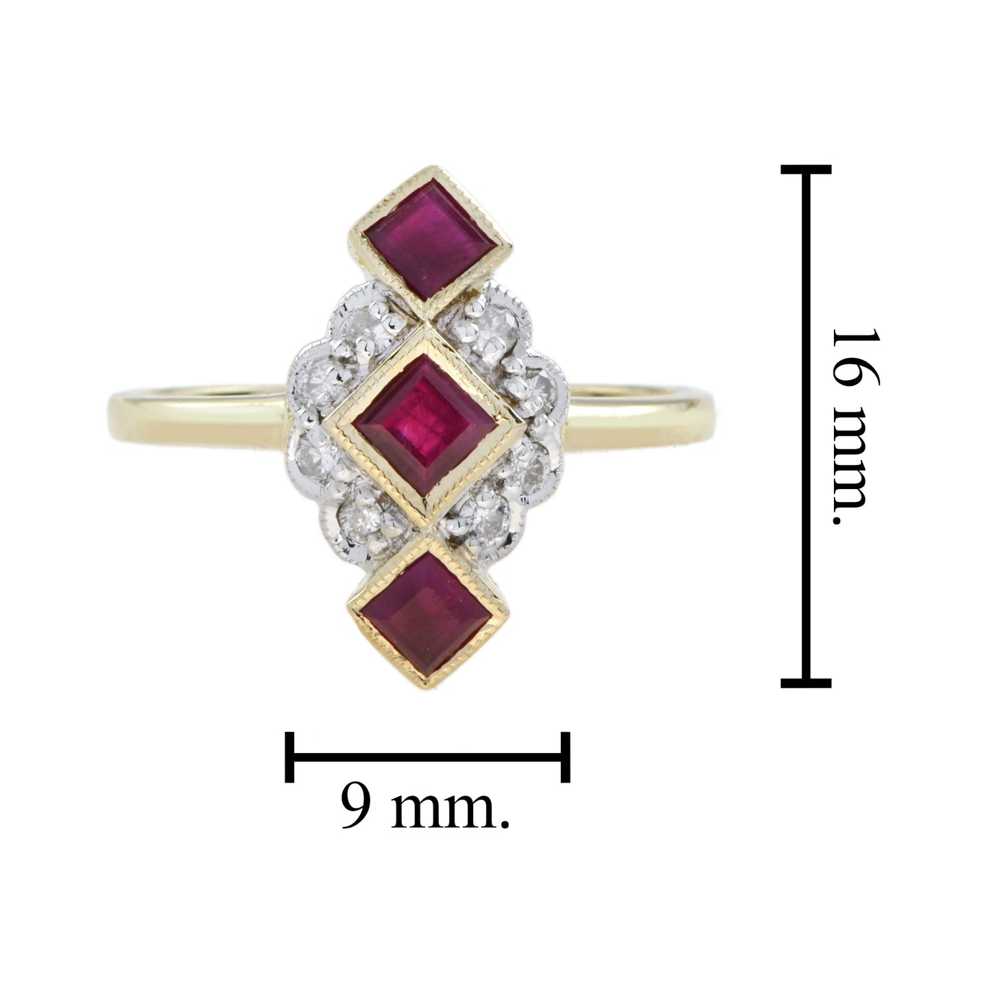 red ruby diamonds vintage style vertical three stone 14k yellow gold ring