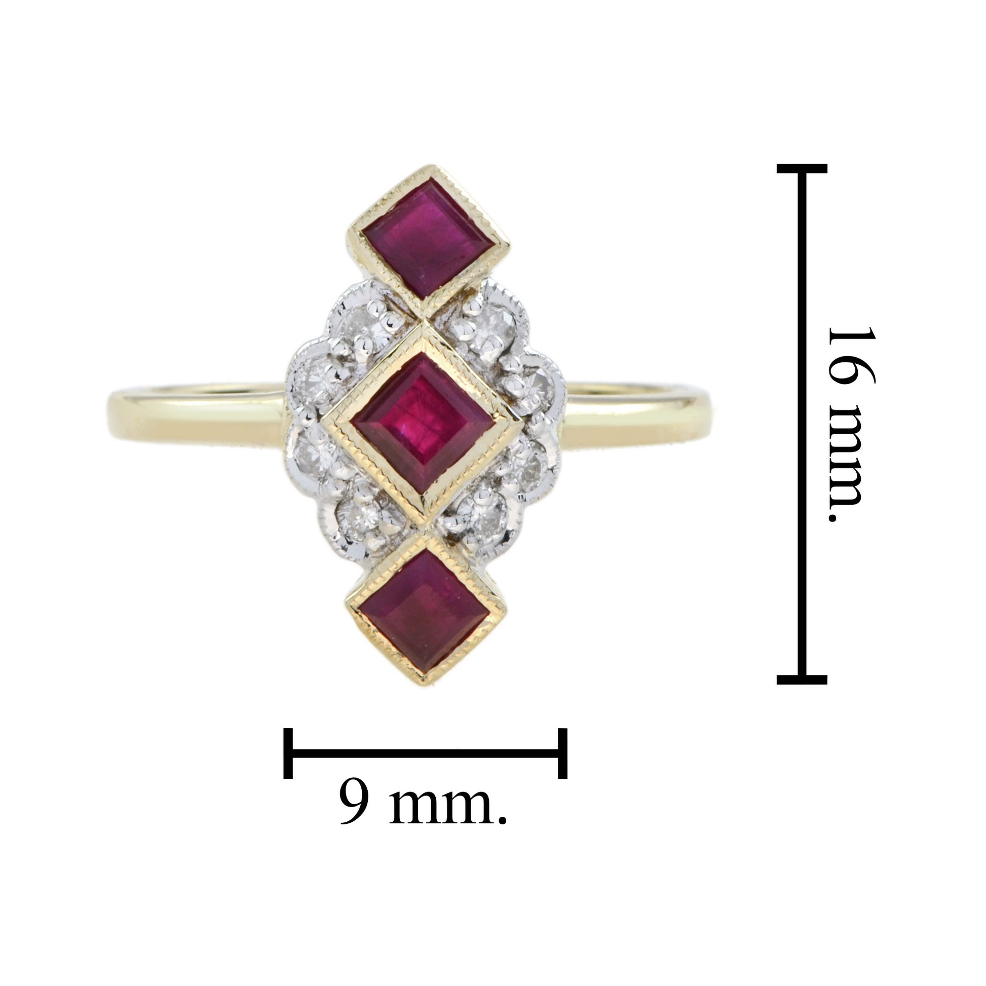 Red Ruby Diamonds Vintage Style Vertical Three Stone 14K Yellow Gold Ring