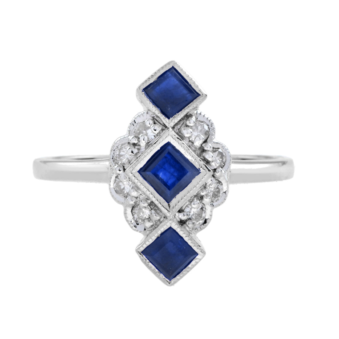 Blue Sapphire Diamond Vintage Style Vertical Three Stone 14K White Gold Ring
