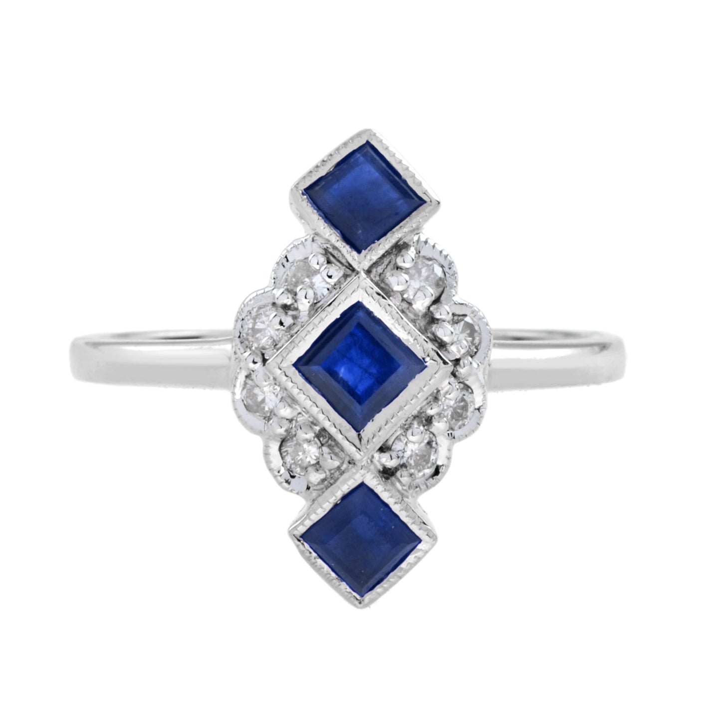 blue sapphire diamond vintage style vertical three stone 14k white gold ring