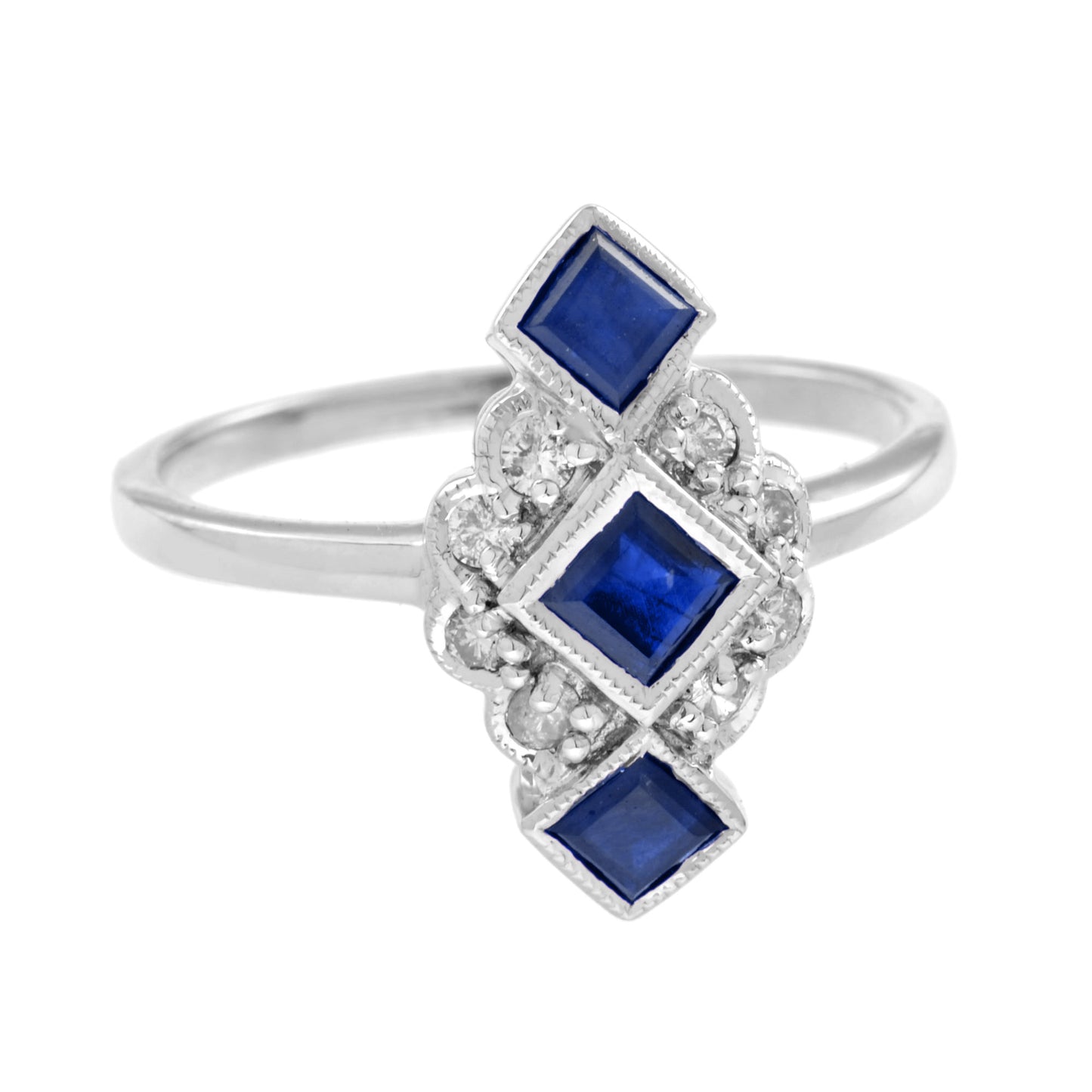 blue sapphire diamond vintage style vertical three stone 14k white gold ring