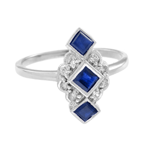 1.05 Ctw Art Deco Style Diamond & Blue Sapphire 14K White Gold Ring