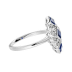 Blue Sapphire Diamond Vintage Style Vertical Three Stone 14K White Gold Ring